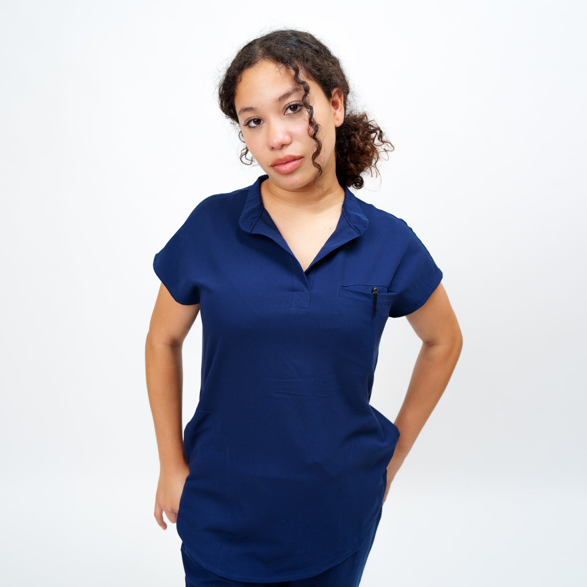 Women's Round Neck Mock Short Sleeve Top in Loyal Navy
