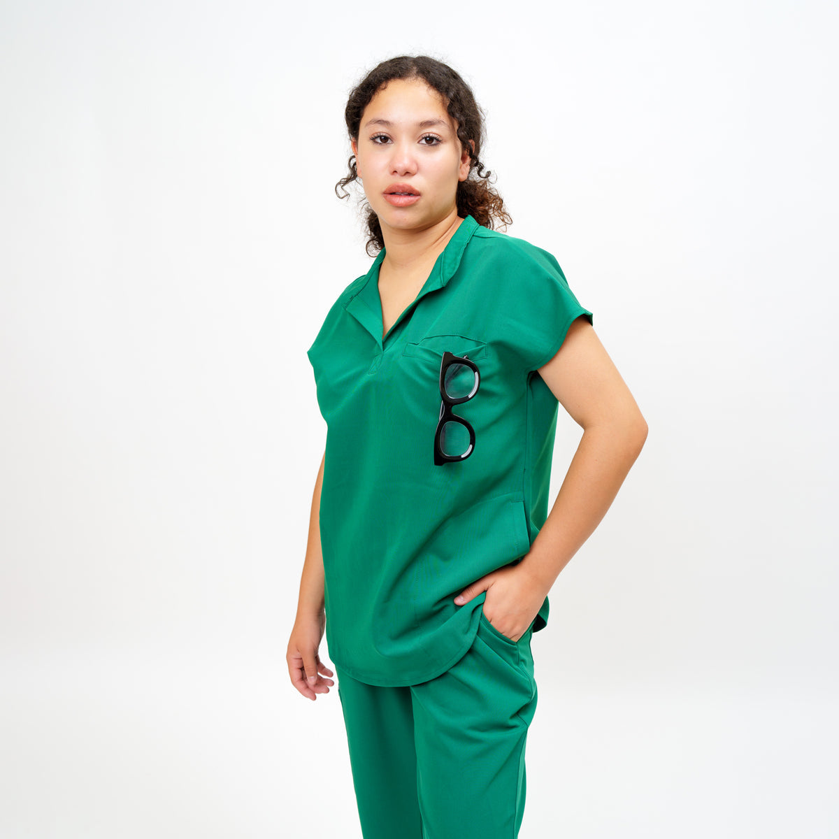 Women's Round Neck Mock Short Sleeve Top in Evergreen