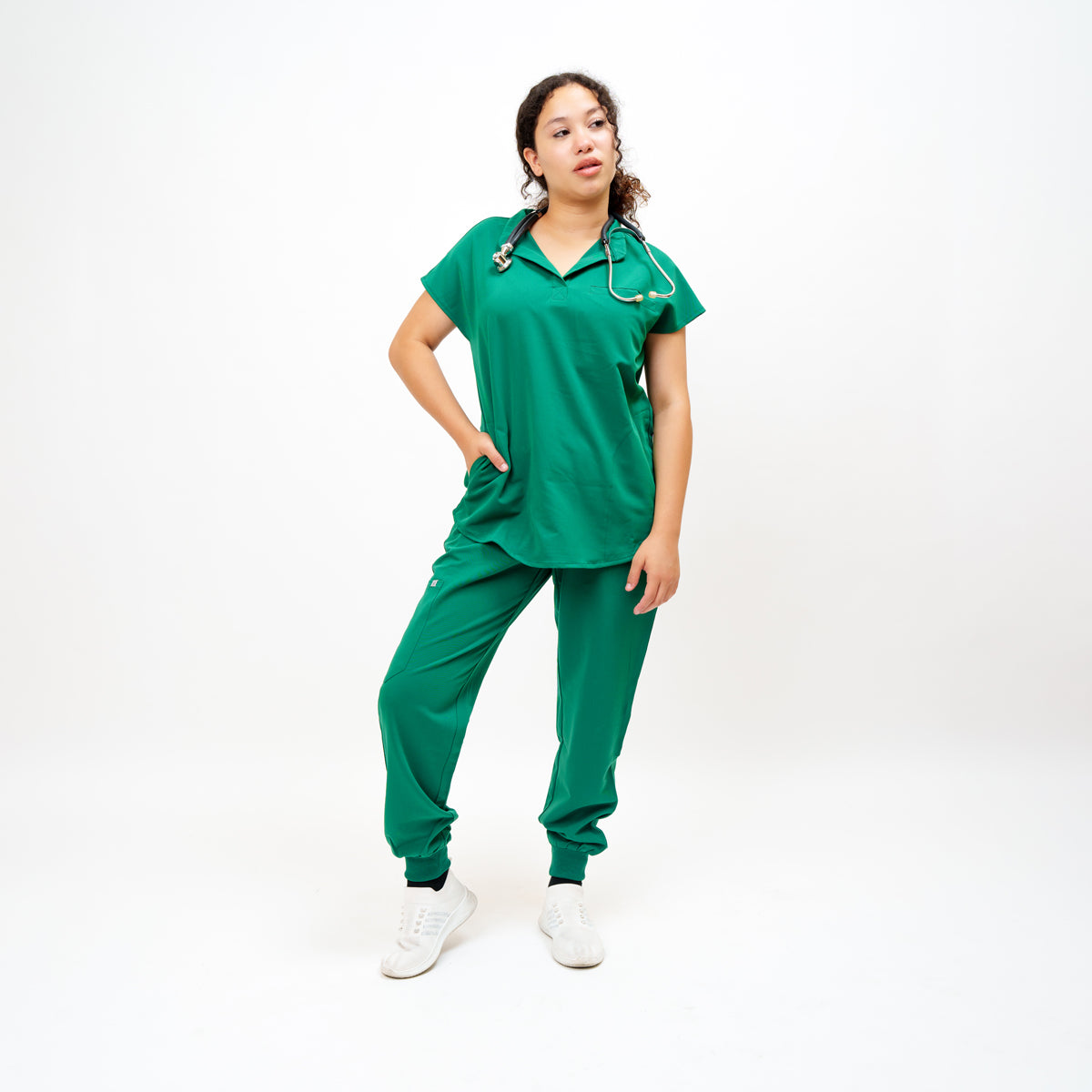 Women's Round Neck Mock Short Sleeve Top in Evergreen