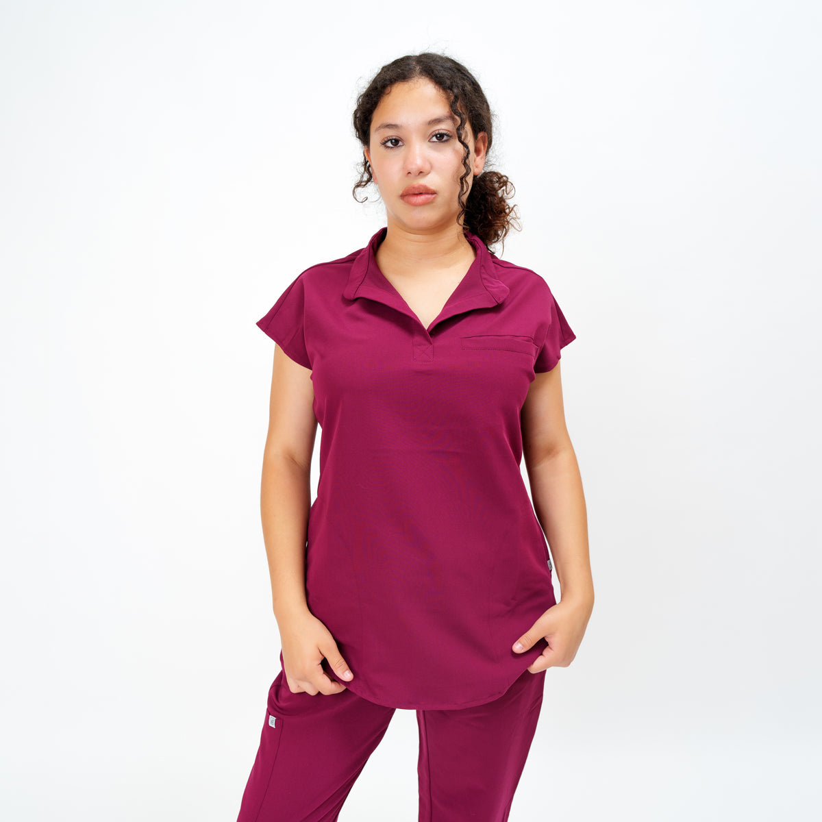Women's Round Neck Mock Short Sleeve Top in Bonded Berry