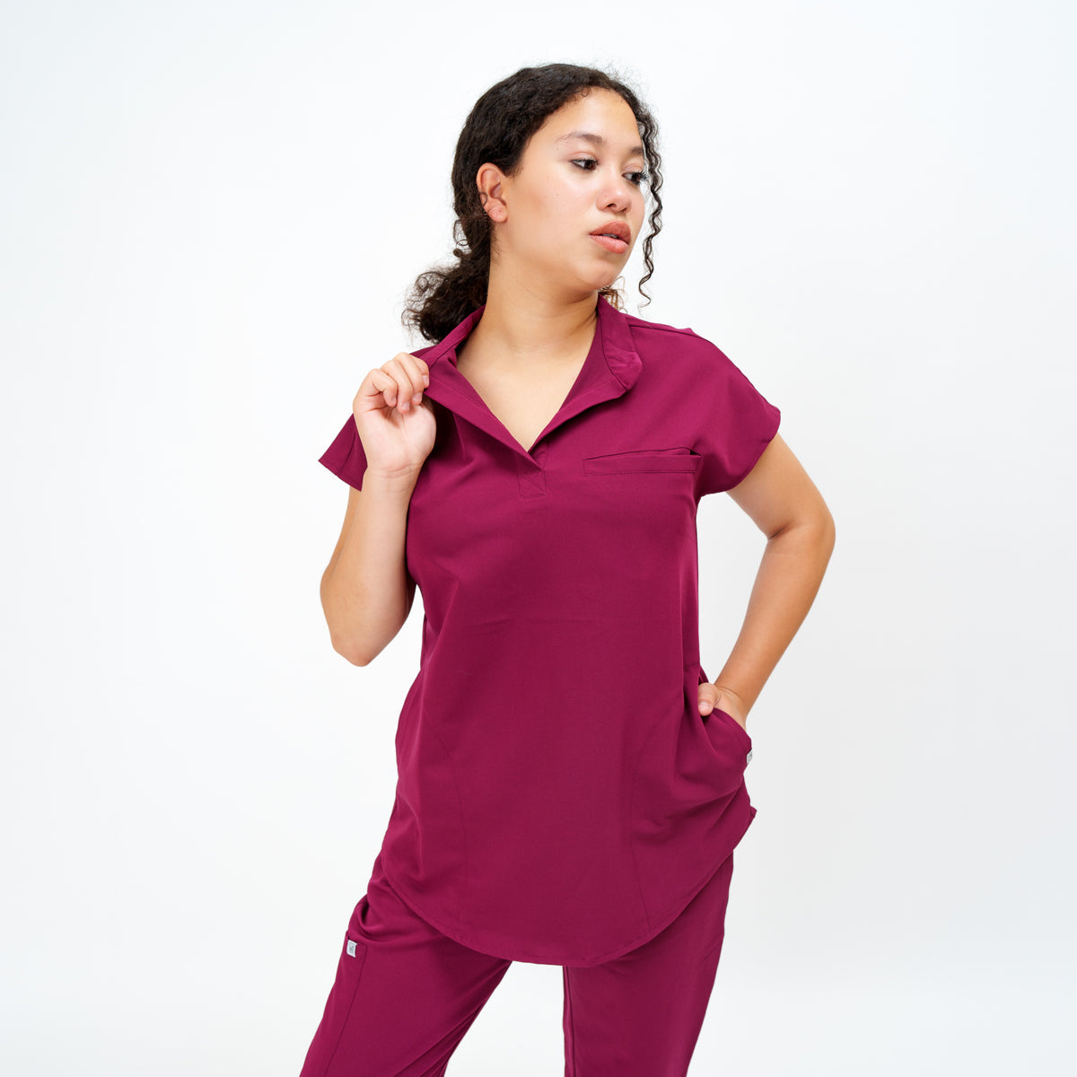 Women's Round Neck Mock Short Sleeve Top in Bonded Berry