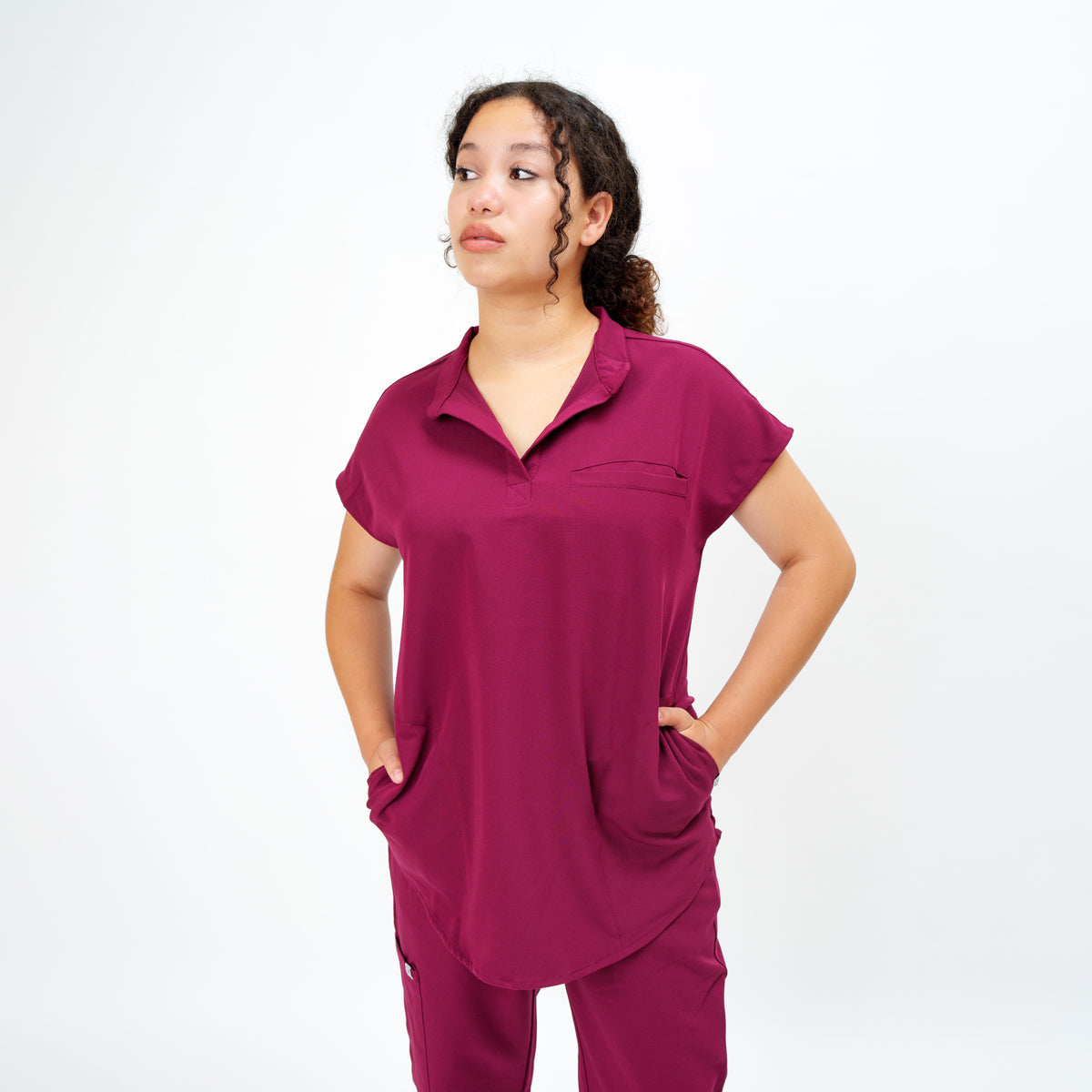 Women's Round Neck Mock Short Sleeve Top in Bonded Berry