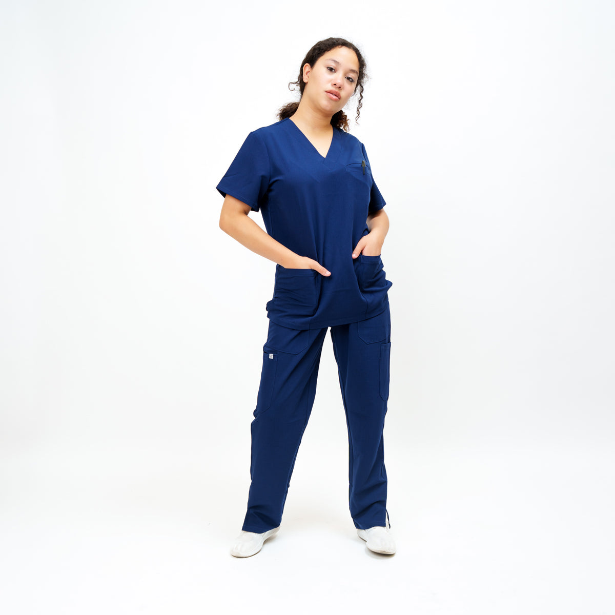 Women's V-Neck Double Pocket Top in Madagascar Saphire Navy