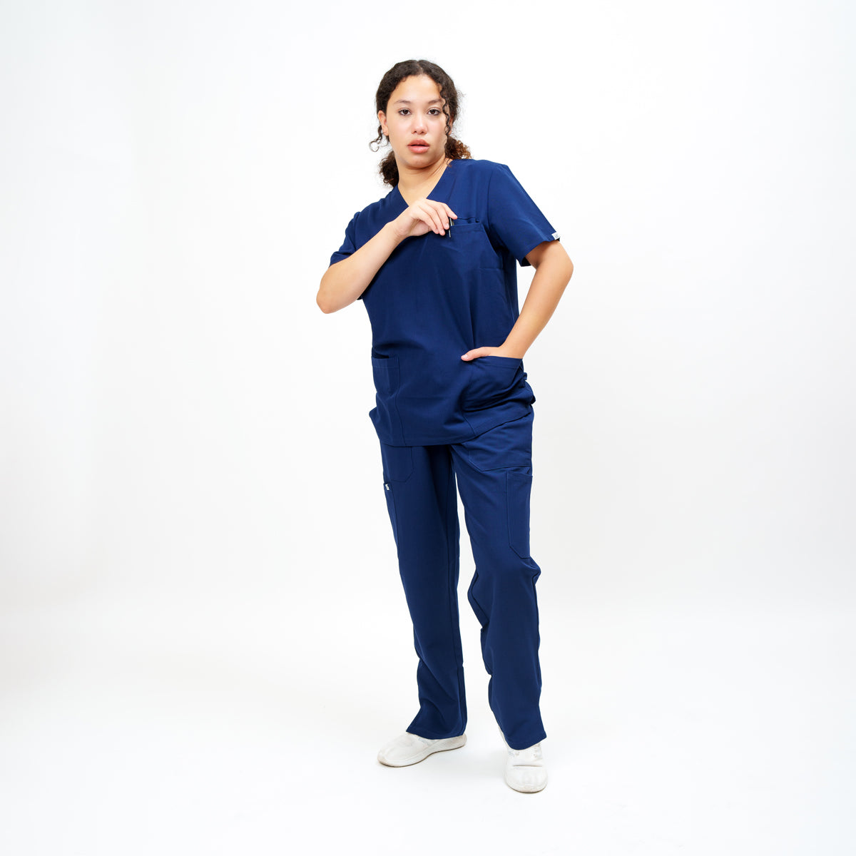 Women's V-Neck Double Pocket Top in Madagascar Saphire Navy