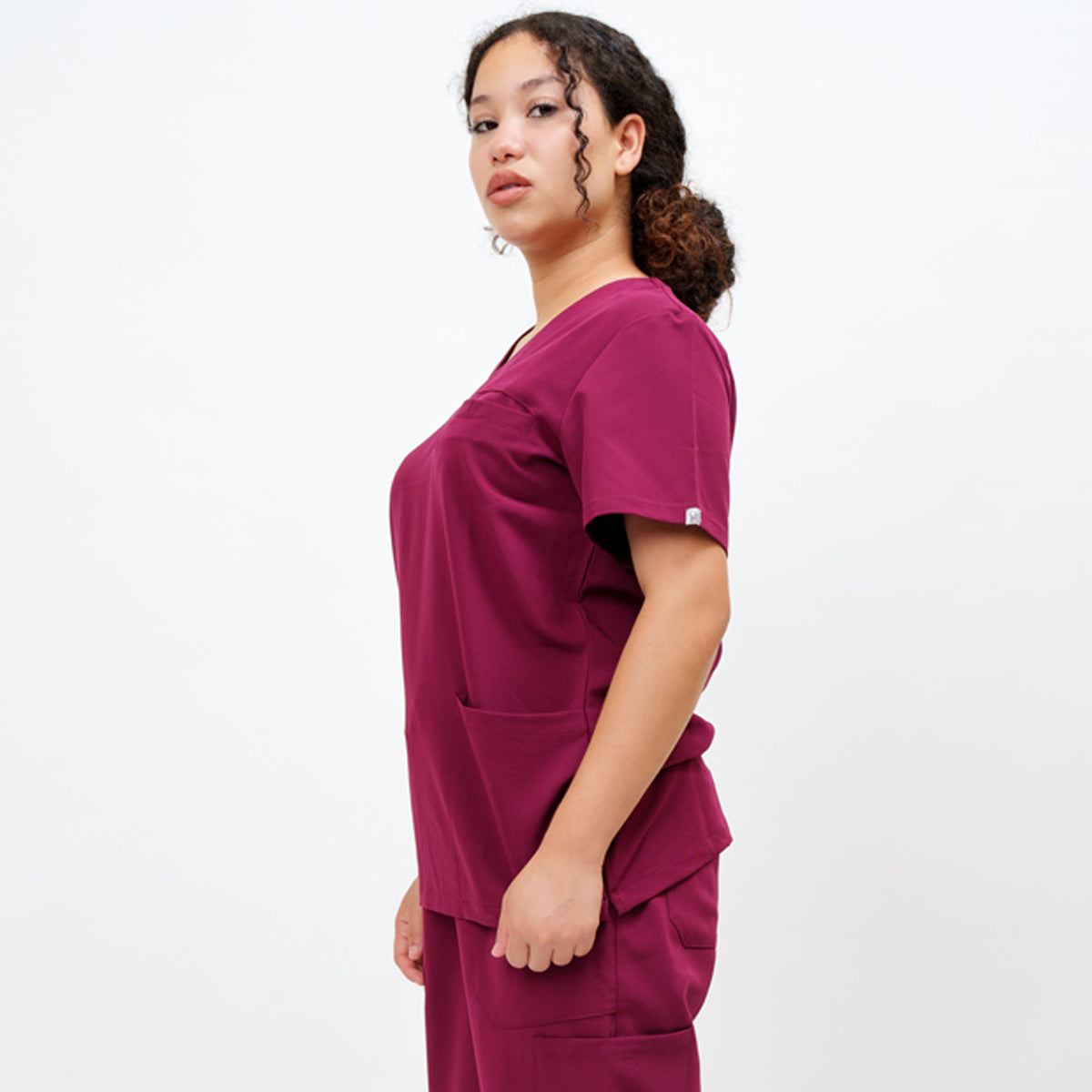 Women's V-Neck Double Pocket Top in Firebrick Red