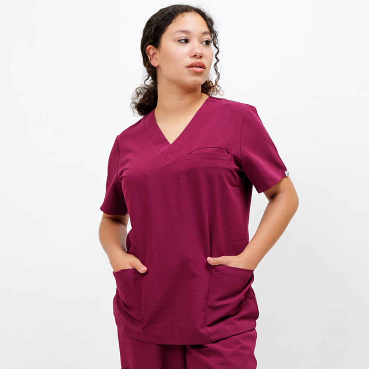 Women's V-Neck Double Pocket Top in Firebrick Red