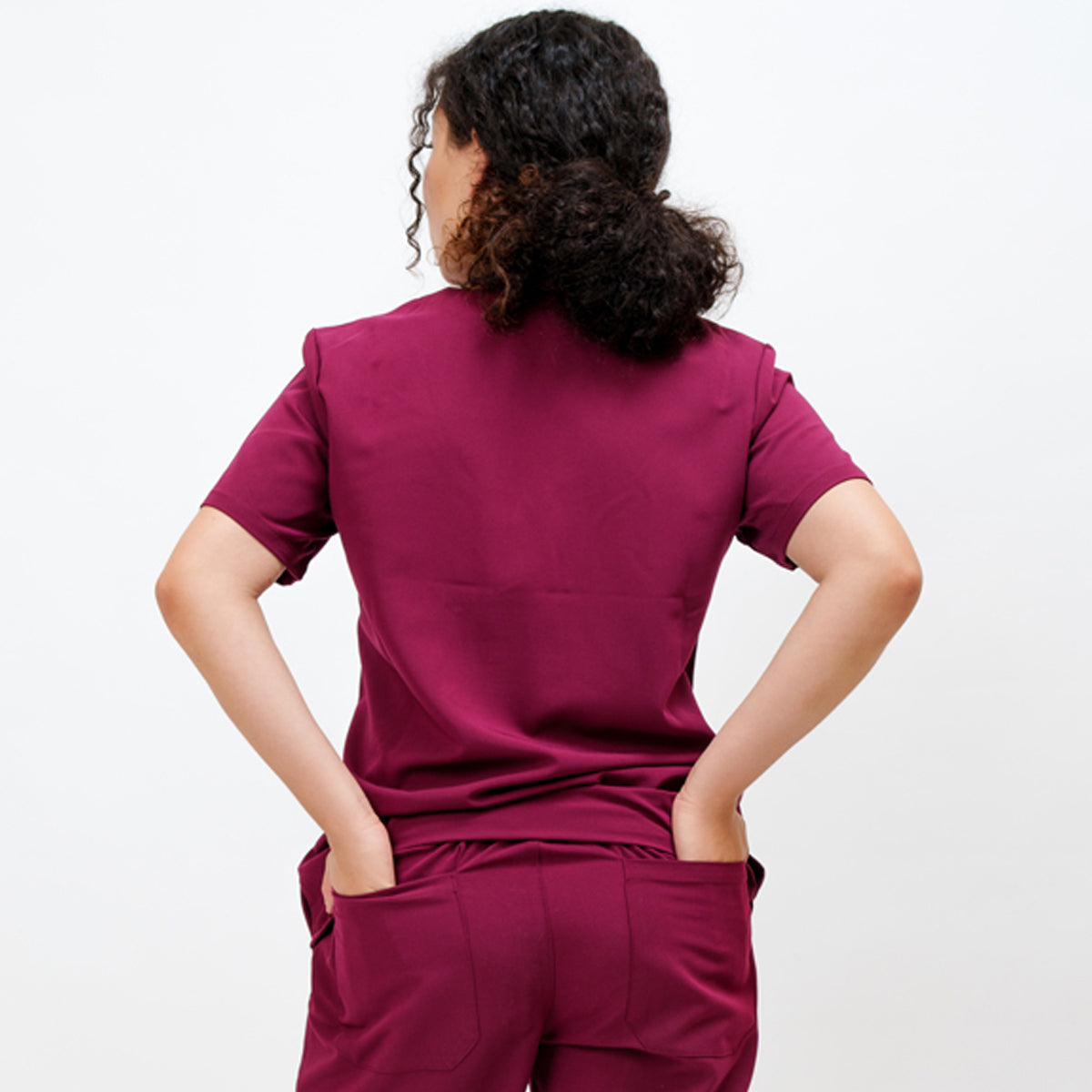 Women's V-Neck Double Pocket Top in Firebrick Red