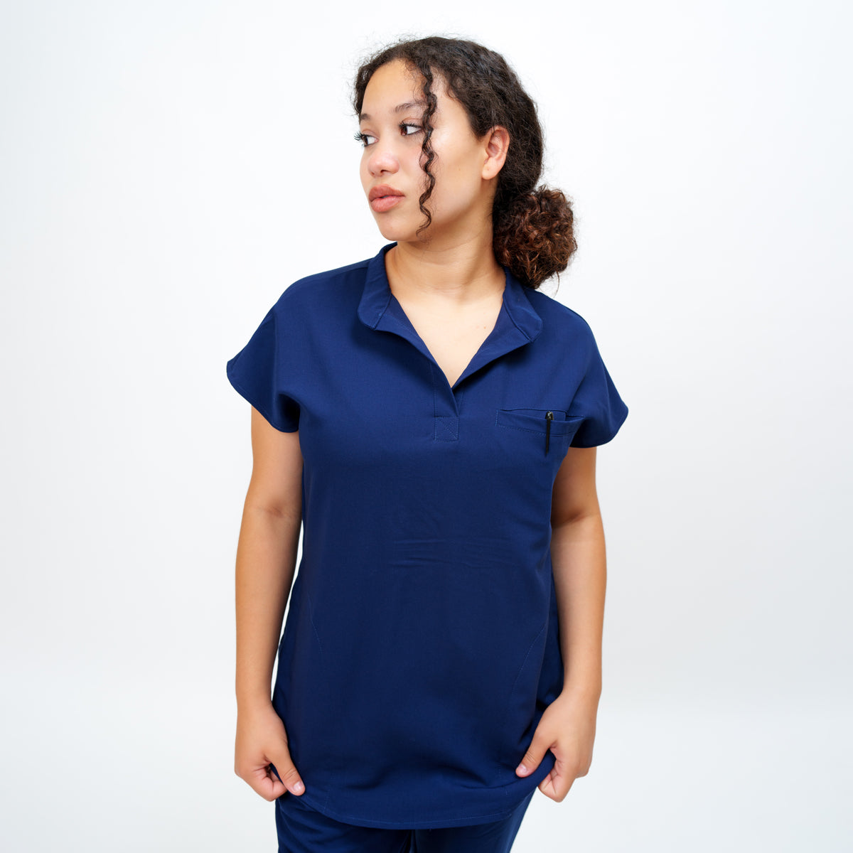 Women's Round Neck Mock Short Sleeve Top in Loyal Navy
